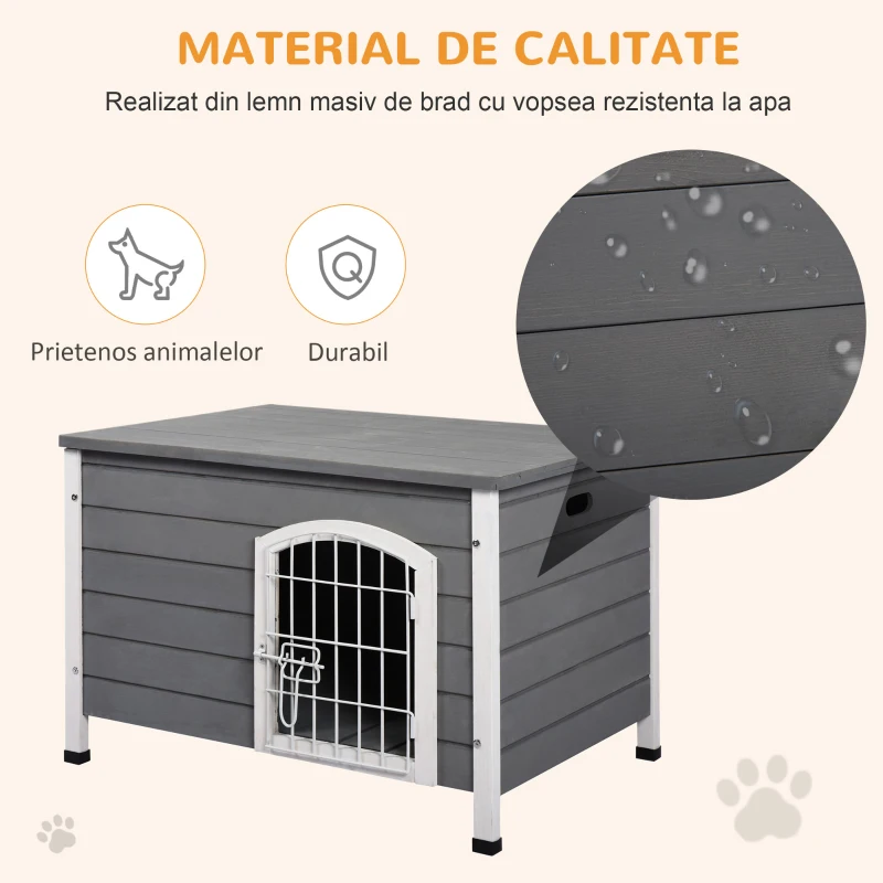 PawHut Cusca pentru Caini de Exterior din Lemn, Impermeabila cu Usa cu Incuietoare, 80x55x53,5 cm - Gri