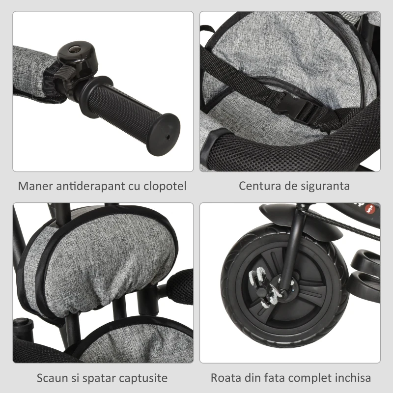 HOMCOM Triciclu Carucior pentru Copii Acoperis Cos Reglabil Pliabil Gri
