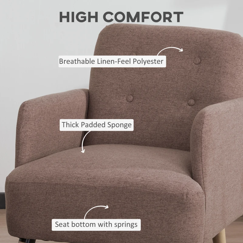 HOMCOM Upholstered Armchair, Living Room Chairs with Birch Wood Legs, Thick Padding and Button Mid-Back, Brown