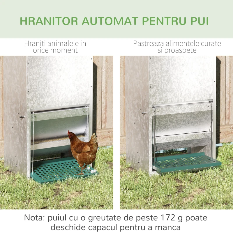 PawHut Hranitoare pentru Gaini de 13,5 litri pentru 3 Pui, Rezistenta la Ploaie, cu Capac Automat si Pedala, 33,5x38,5x66cm, Argintie șsi Verde