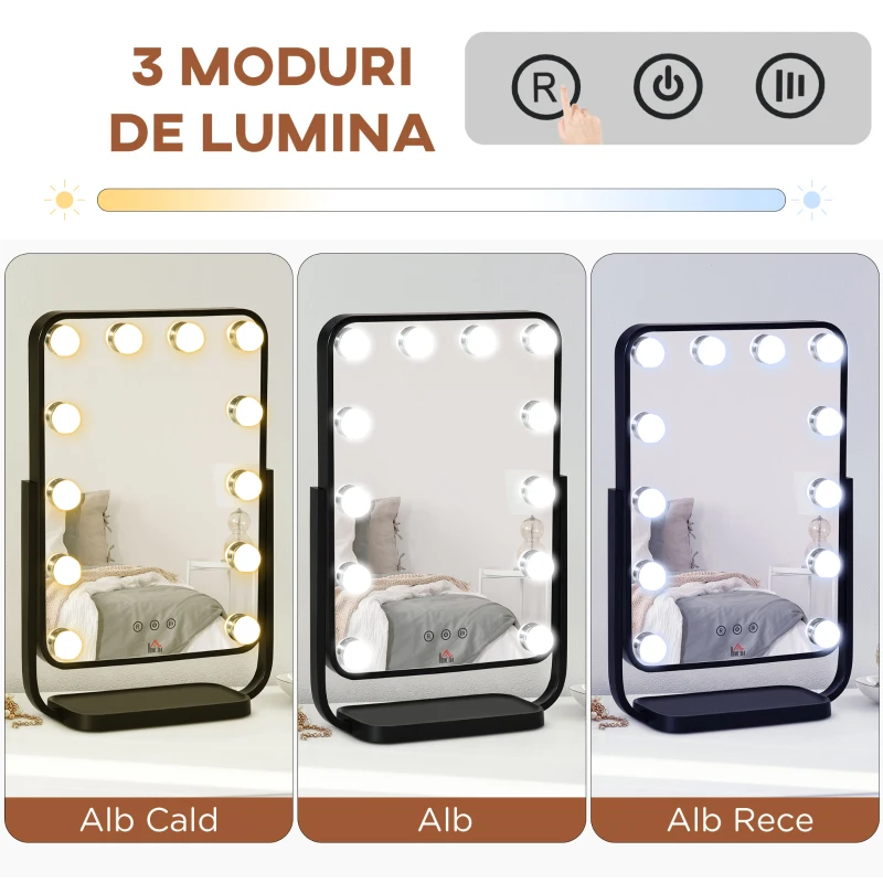 HOMCOM Oglinda pentru make-up, cu iluminare, inclinabila, cu 12 lumini LED si luminozitate reglabila, negru