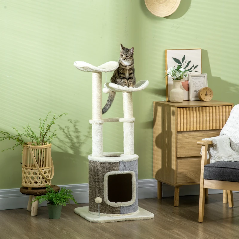 PawHut Cat Tree with Cat Cave, Two Platforms, Two Scratching Posts, Plush Cover, Cream White, 48 x 48 x 110cm