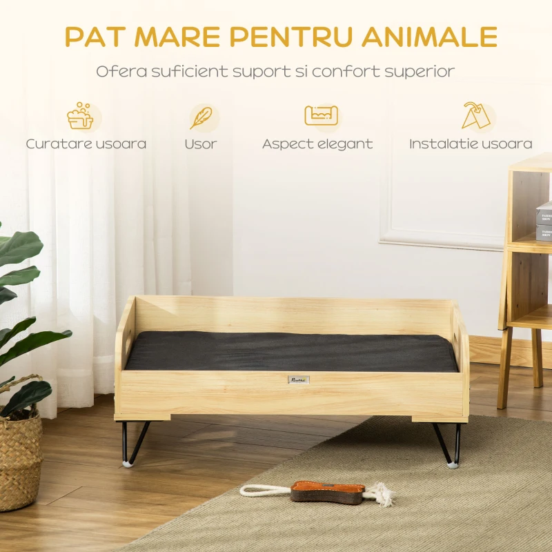 Culcus pentru Caini Inaltata PawHut cu Perna Detasabila si Lavabila, Patut pentru Caini cu 2 Manere din Otel si Lemn, 82x56x31,5 cm, Negru