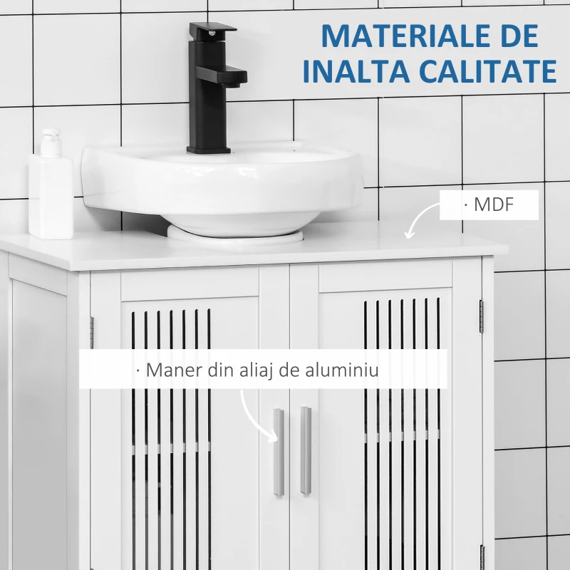 kleankin Dulapior de Baie sub Lavoar cu 2 Usi din MDF cu Economisire de Spatiu cu Etajere Reglabile 60x30x60cm Alb(m-6)