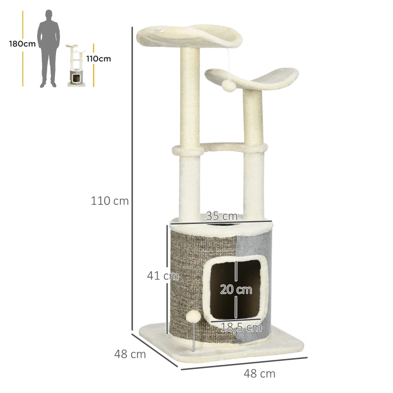 PawHut Cat Tree with Cat Cave, Two Platforms, Two Scratching Posts, Plush Cover, Cream White, 48 x 48 x 110cm