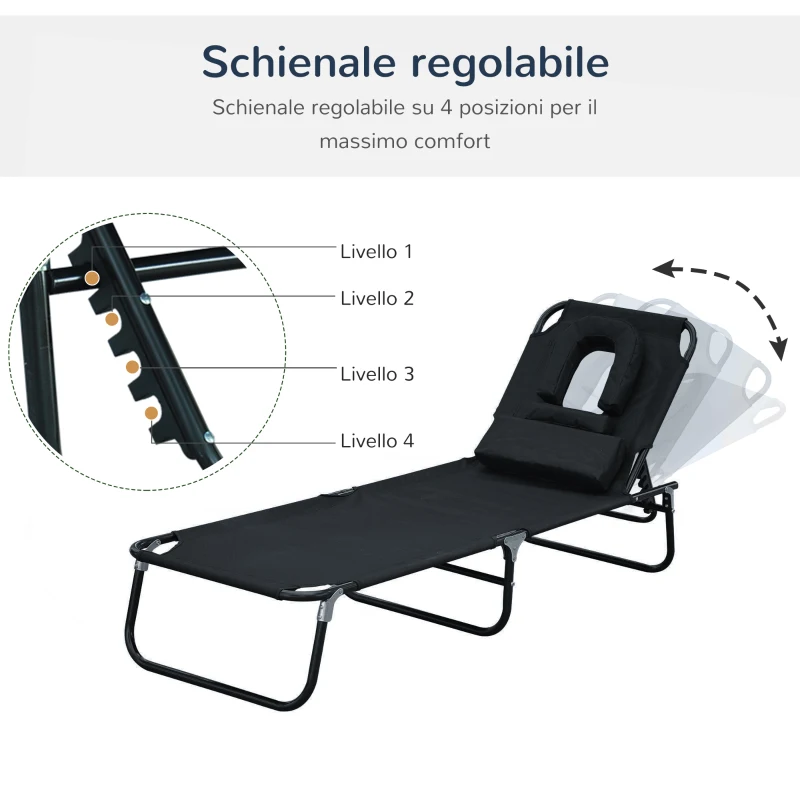 Outsunny Sedia Sdraio da Esterno Pieghevole con Foro per il Viso e Cuscini, Lettino Prendisole da Giardino, Spiaggia e Campeggio,  Nero