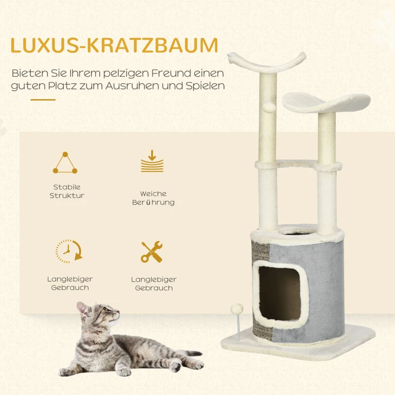 PawHut kattenboom met kattengrot, twee platforms, twee krabpalen, pluche hoes, roomwit, 48 x 48 x 110 cm