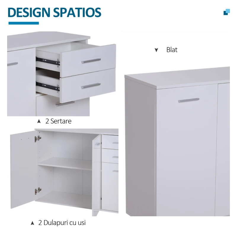 HOMCOM Dulapior cu 3 Usi si 2 Sertare in Lemn Granulat, Alb, 106x35x76cm(m-4)