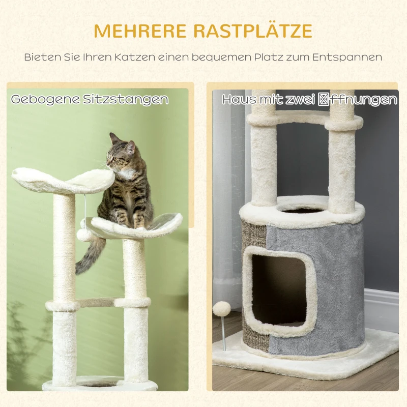 PawHut kattenboom met kattengrot, twee platforms, twee krabpalen, pluche hoes, roomwit, 48 x 48 x 110 cm