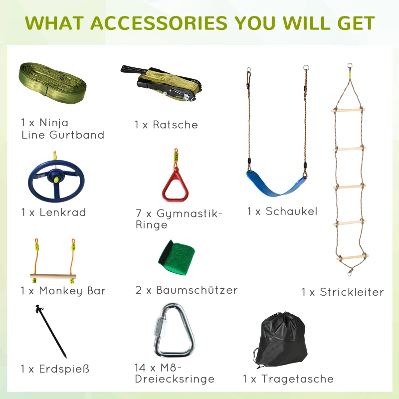 Outsunny Ninja Slackline Set 13 m hängende Hindernisse für 3-14 Jahre Kinder Schwingen Ninja Kinder Klettertraining Seil mit Ringe Holzleiter Schaukel Outdoor Polyester Holz mehrfarbig