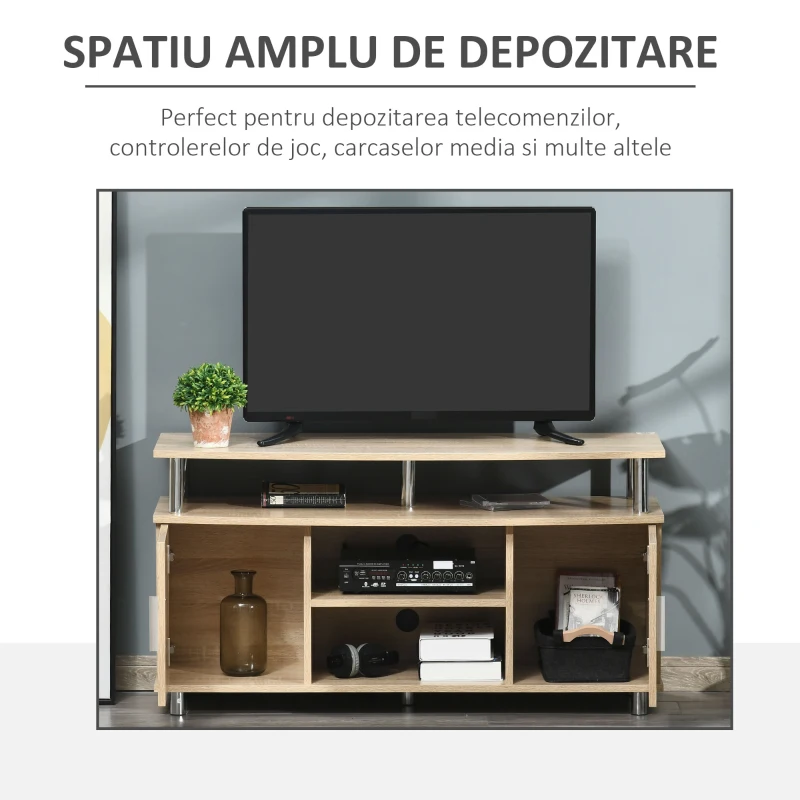 HOMCOM Mobilier TV Modern cu 2 Rafturi, Gauri cablu si 2 Dulapioare in PAL 105x40x55cm Stejar