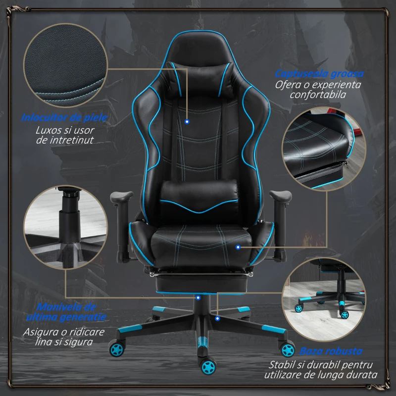 Vinsetto Scaun de Gaming Ergonomic Rotativ cu Suport pentru Picioare Detasabil Negru si Albastru