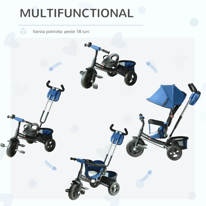 HOMCOM Tricicleta Carucior cu Maner si Acoperis Schelet in Metal, Negru si Albastru