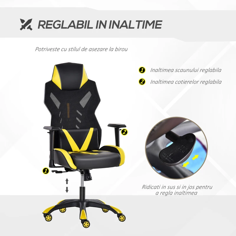Vinsetto Scaun gaming, Ergonomic, Inaltime reglabila, Piele ecolologica, Negru/Galben