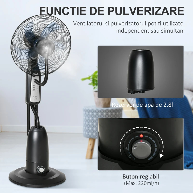 HOMCOM Ventilator Oscilant Reglabil cu Nebulizator 3 moduri si cronometru , Ф44.5x120cm Negru