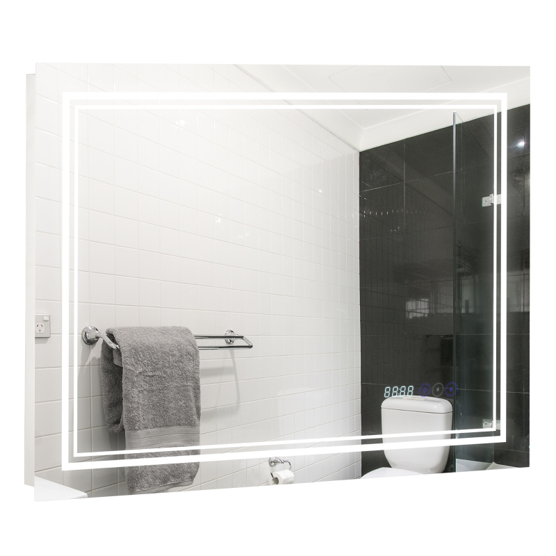 kleankin Badspiegel mit LED-Beleuchtung Bluetooth und Zeitanzeige Badezimmerspiegel 6000-6500K Wandspiegel Touch-Schalter Alu Silber 80 x 60 cm