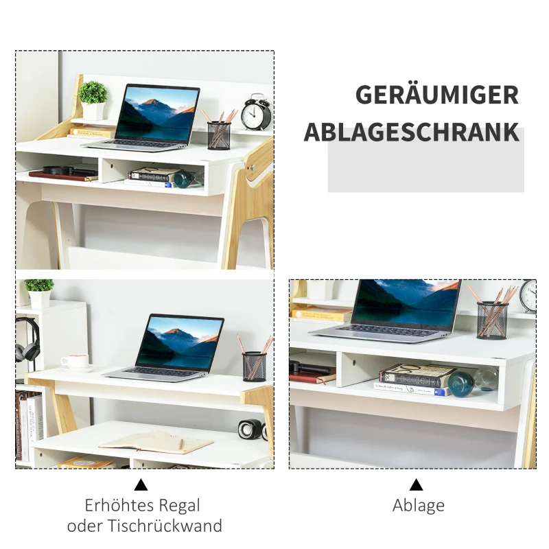 HOMCOM Computertisch Schreibtisch Stehpult und Sitzpult mit verstellbarem Regal Bürotisch mit 2 Fächer Home-Office helles Kiefer Natur Weiß 98 x 56,5 x 100,5 cm