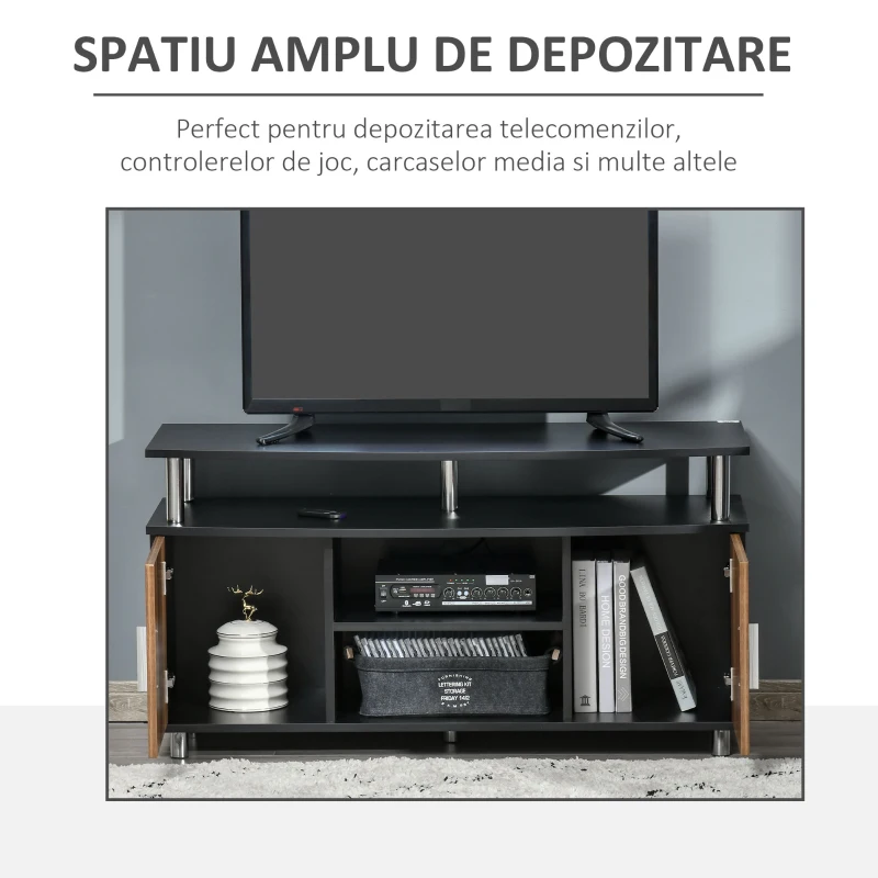 HOMCOM Mobilier TV Modern cu 2 Rafturi, Gauri cablu si 2 Dulapioare in PAL 105x40x55cm Negru-Maro