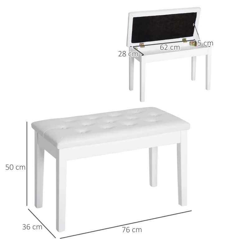 HOMCOM pianokruk pianobank traditionele landelijke stijl cosmetische kruk opbergruimte rubberhout kunstleer wit 76 x 36 x 50 cm