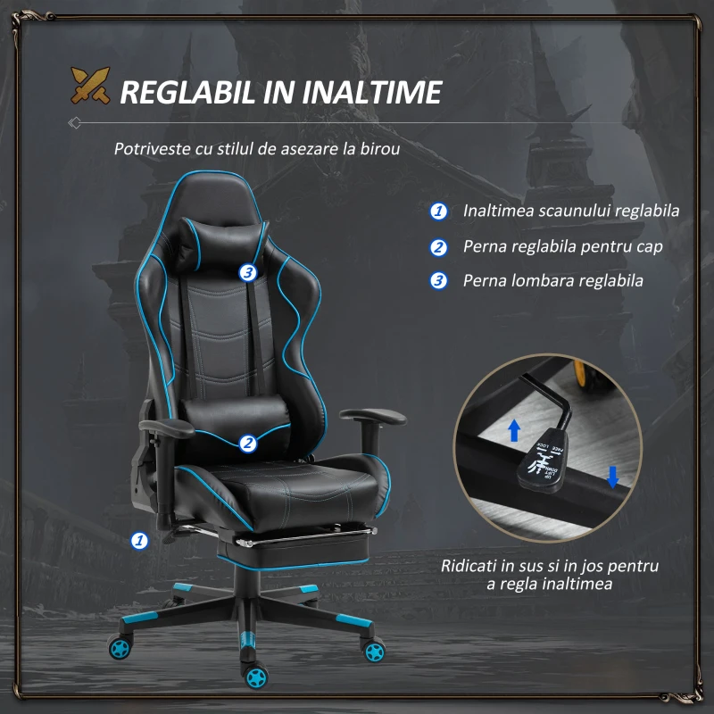 Vinsetto Scaun de Gaming Ergonomic Rotativ cu Suport pentru Picioare Detasabil Negru si Albastru