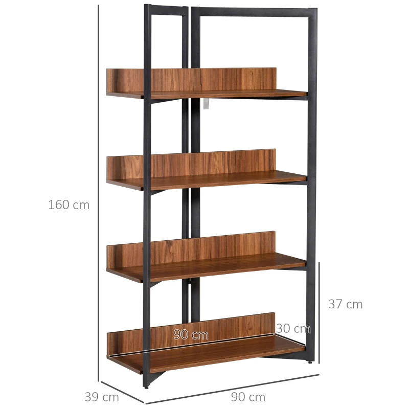 HOMCOM Bücherregal, 4-lagiges Design Wohnzimmerregal, Standregal, Spielzeugregal mit Anti-Kippvorrichtung, Melaminoberfläche, E1-Spanplatte+Stahl, Schwarz+Walnussfarbe, 90 x 39 x 160 cm