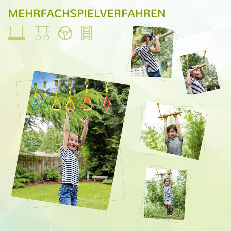 Outsunny Ninja Slackline Set 13 m hängende Hindernisse für 3-14 Jahre Kinder Schwingen Ninja Kinder Klettertraining Seil mit Ringe Holzleiter Schaukel Outdoor Polyester Holz mehrfarbig