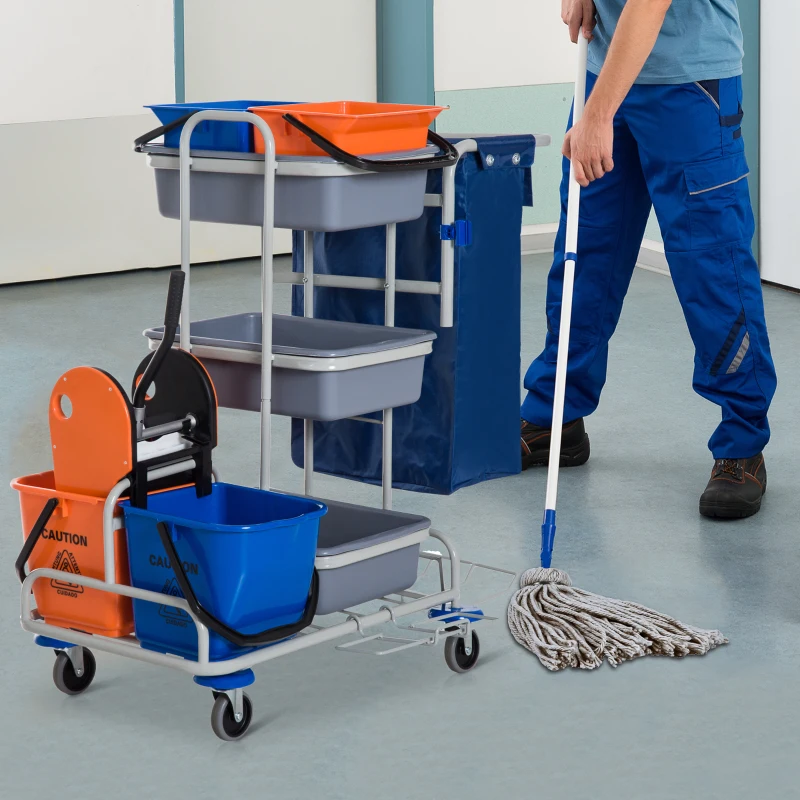 Homcom Carucior Profesional pentru Curatenie cu 4 Galeti - Gri