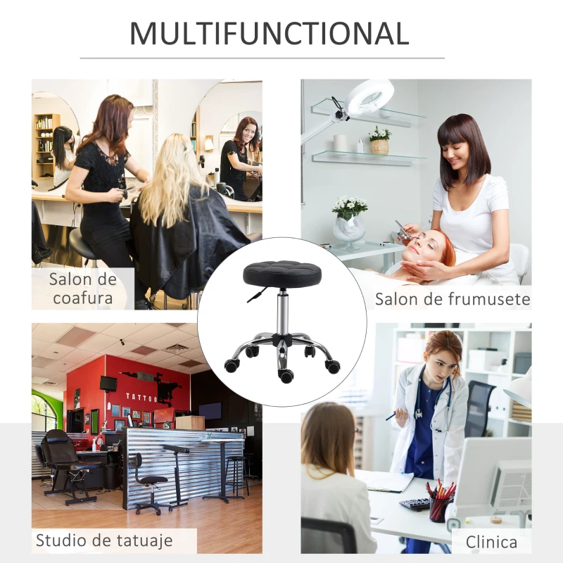 HOMCOM Set 2 scaune cu roti, tapitate si inaltime reglabila, Φ35.5x46-38cm