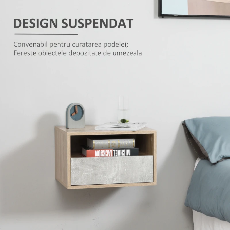 HOMCOM Set de 2 Noptiere Suspendate cu Sertar si Etajera 45x35x27.5cm - Gri/Culoare Lemn(m-4)