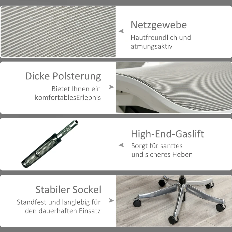 Vinsetto Bürostuhl Drehstuhl mit Kopfstütze Winkel einstellbar Hellgrau Schaumstoff Nylon Polyester 65 x 68 x 117-125 cm