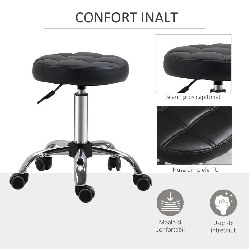 HOMCOM Set 2 scaune cu roti, tapitate si inaltime reglabila, Φ35.5x46-38cm