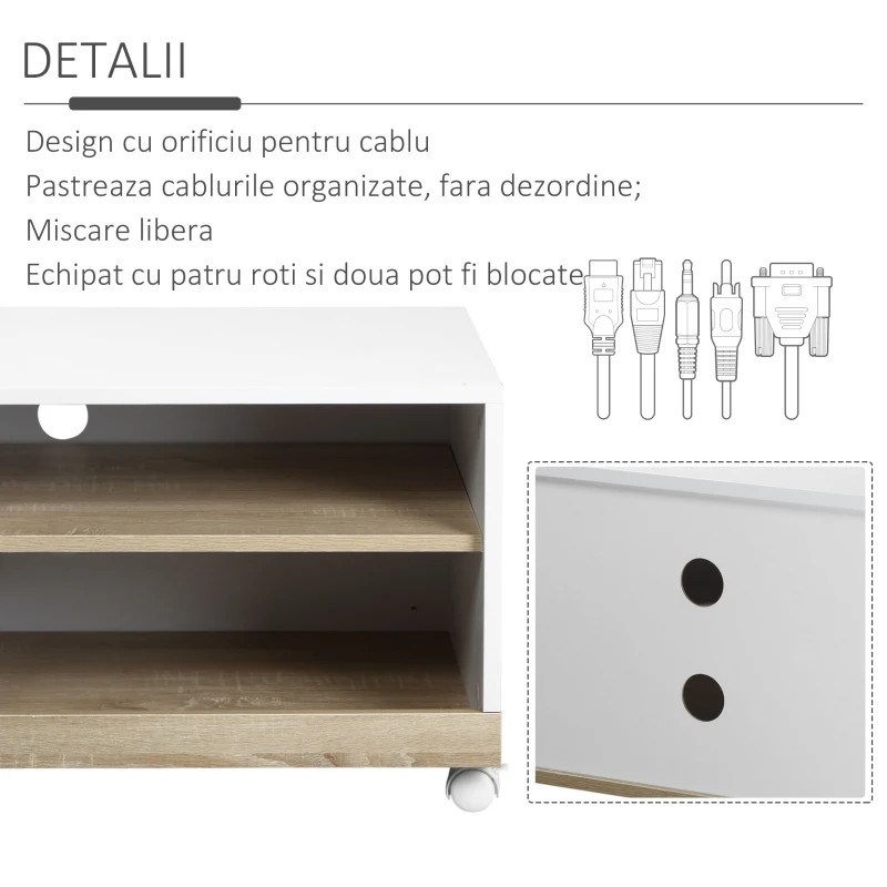 Carucior Suport TV HOMCOM cu 1 Usa si Compartimente Deschise, Mobilier pentru TV pana la 42 inchi cu Roti, 80x45x39,5cm