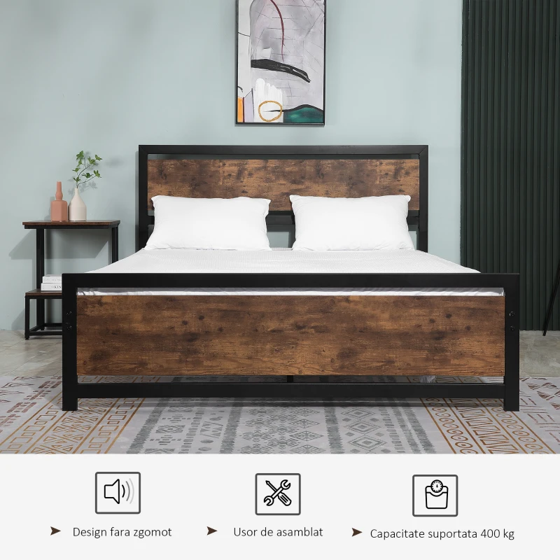 Homcom Cadru Pat 160×200 cm – Stil Industrial, Lemn & Otel