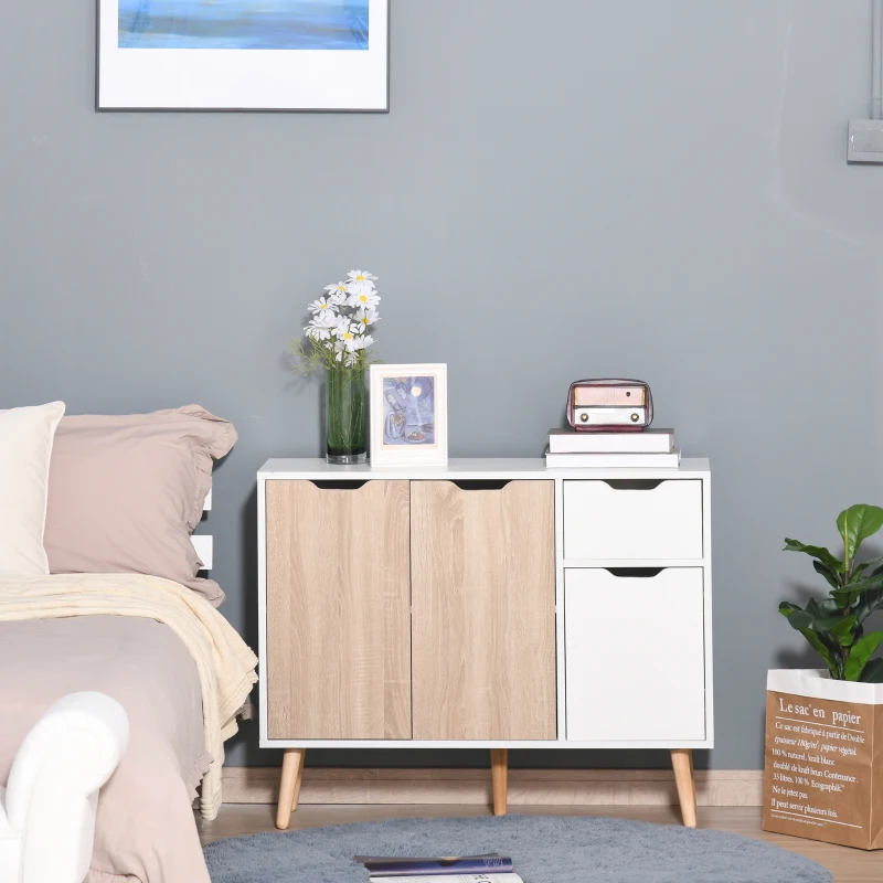 HOMCOM kredens z szafką i szufladami komoda stolik nocny szafka dostawna w skandynawskim stylu dużo miejsca do przechowywania MDF płyta wiórowa biały+naturalny 90 x 30 x 72 cm