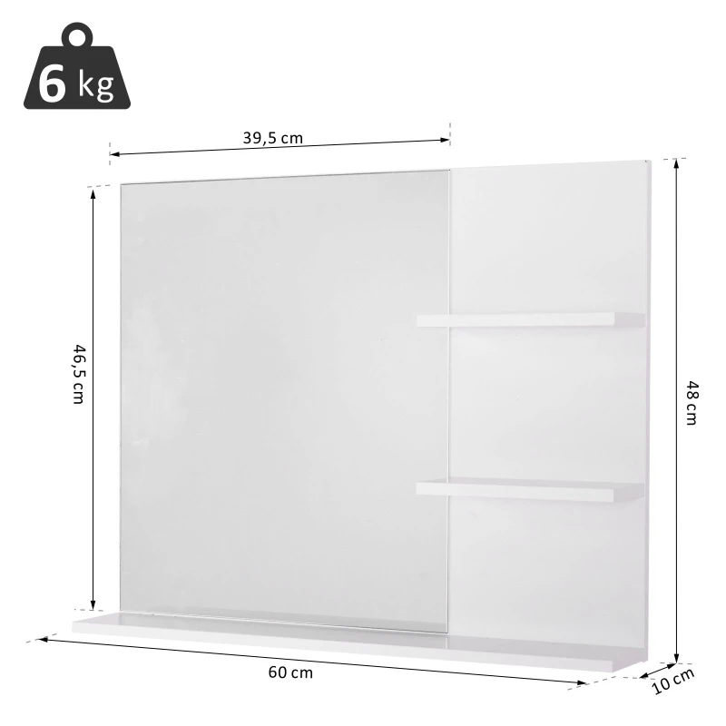 kleankin Mobilier Dulap Baie cu Oglinda si 3 Rafturi in MDF Alb 60 x 10 x 48cm