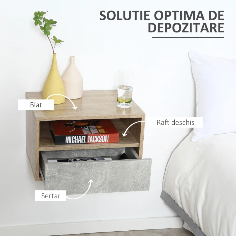 HOMCOM Set de 2 Noptiere Suspendate cu Sertar si Etajera 45x35x27.5cm - Gri/Culoare Lemn(m-5)