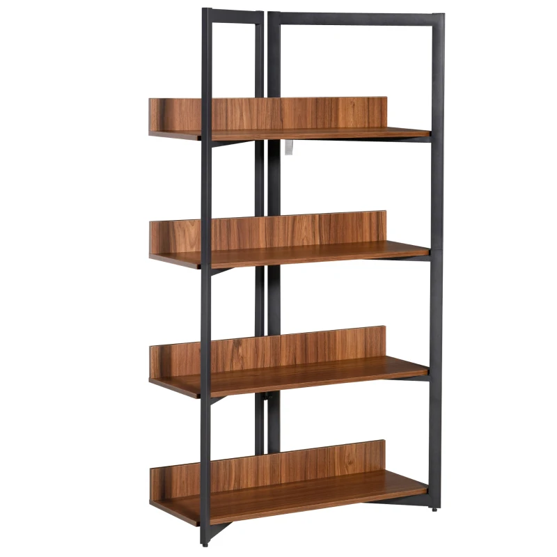 HOMCOM Bücherregal, 4-lagiges Design Wohnzimmerregal, Standregal, Spielzeugregal mit Anti-Kippvorrichtung, Melaminoberfläche, E1-Spanplatte+Stahl, Schwarz+Walnussfarbe, 90 x 39 x 160 cm
