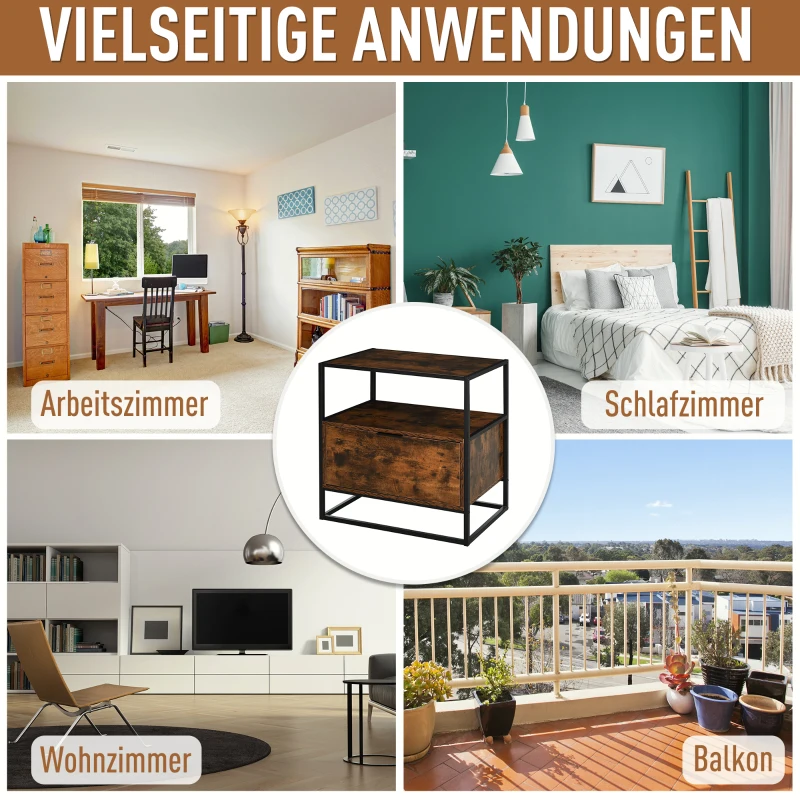 HOMCOM Beistelltisch mit Schublade Betttisch Nachttisch Couchtisch für Büro Wohnzimmer Spanplatte Schwarz+Braun 73 x 45,5 x 76 cm