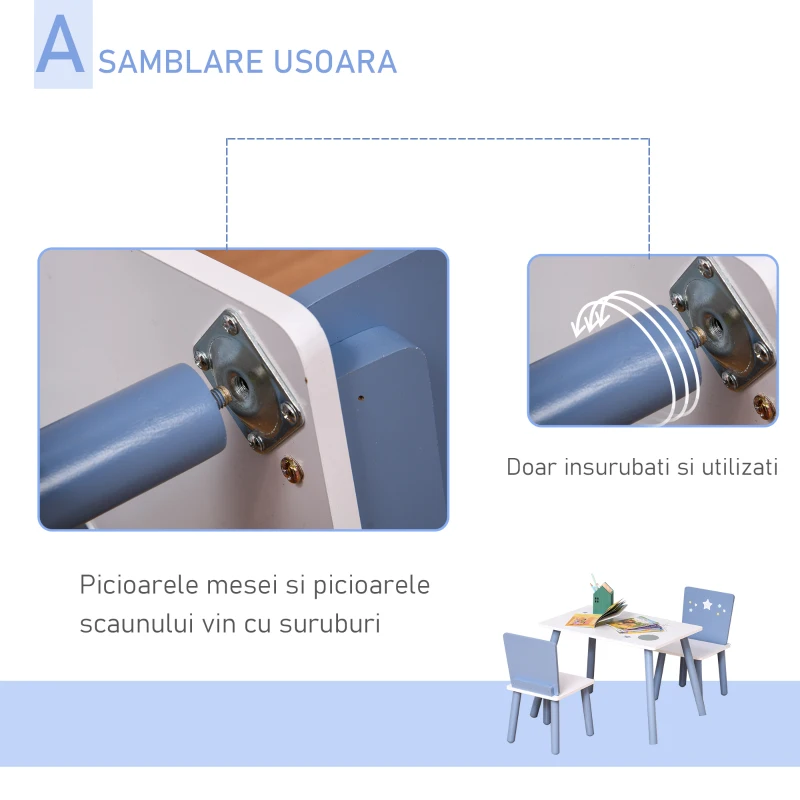 HOMCOM Masa cu Scaune Baieti si Fetite 2-6 Ani din Lemn Albastru deschis si Alb