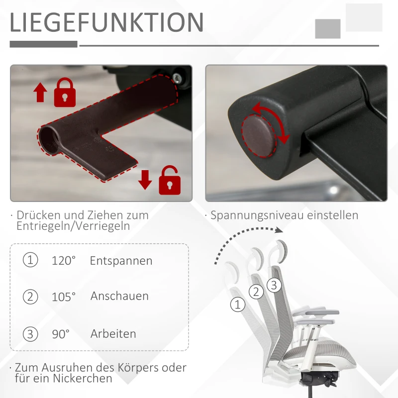 Vinsetto Bürostuhl Drehstuhl mit Kopfstütze Winkel einstellbar Hellgrau Schaumstoff Nylon Polyester 65 x 68 x 117-125 cm