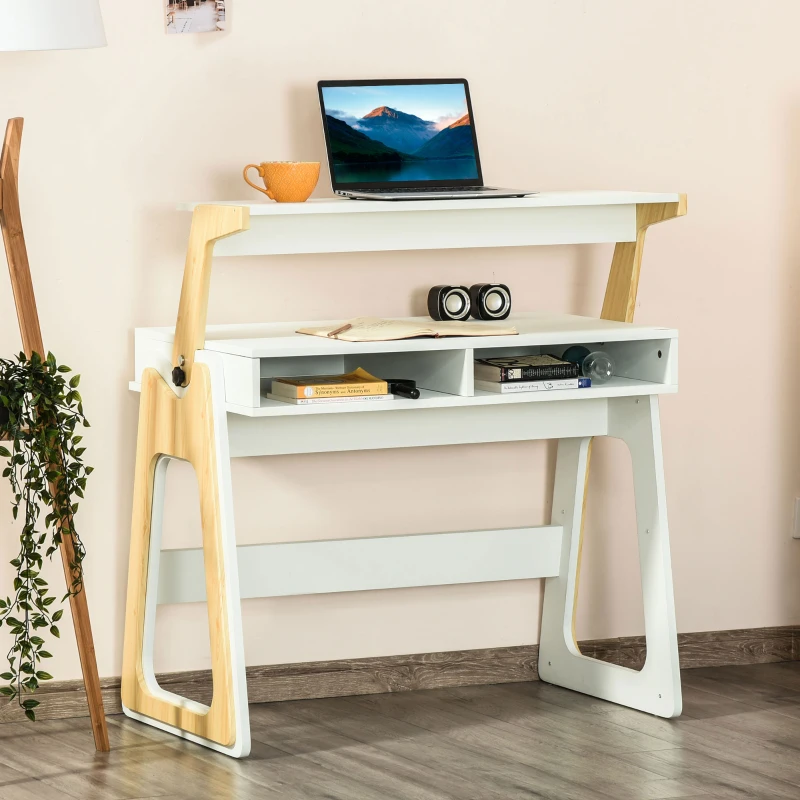 HOMCOM Computertisch Schreibtisch Stehpult und Sitzpult mit verstellbarem Regal Bürotisch mit 2 Fächer Home-Office helles Kiefer Natur Weiß 98 x 56,5 x 100,5 cm