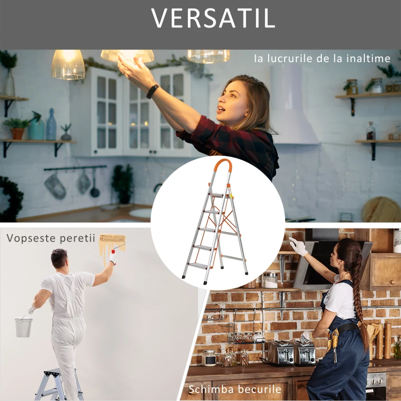 HOMCOM Scara Profesionala din Aluminiu cu 5 Trepte Pliabila si Economie de Spatiu