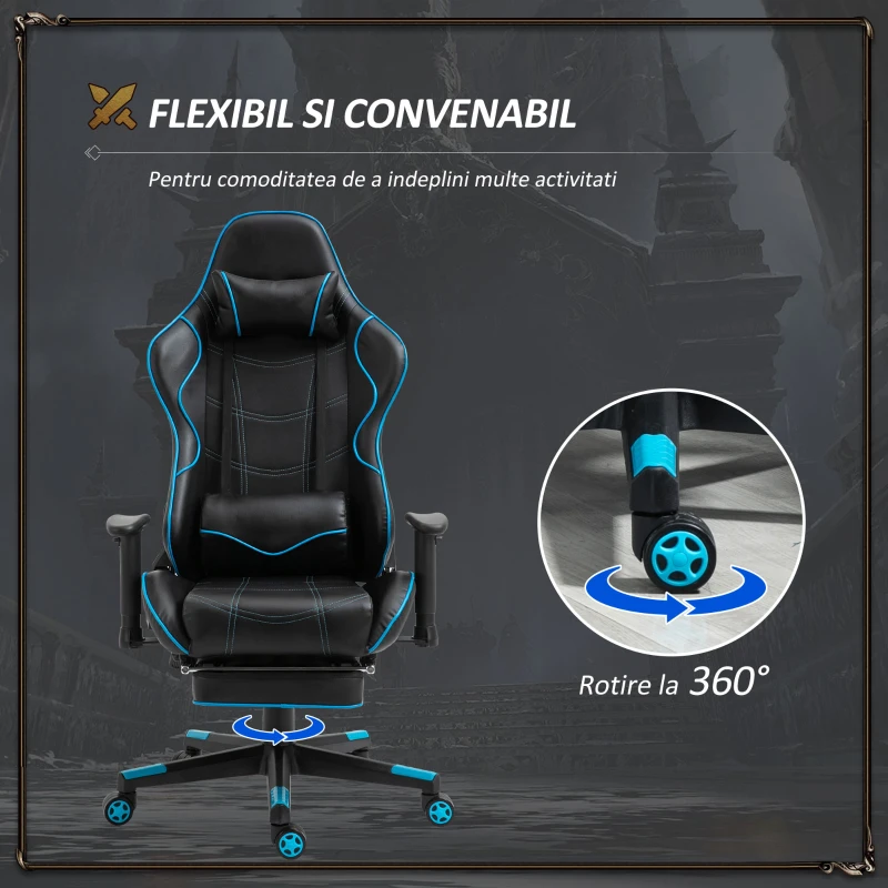 Vinsetto Scaun de Gaming Ergonomic Rotativ cu Suport pentru Picioare Detasabil Negru si Albastru