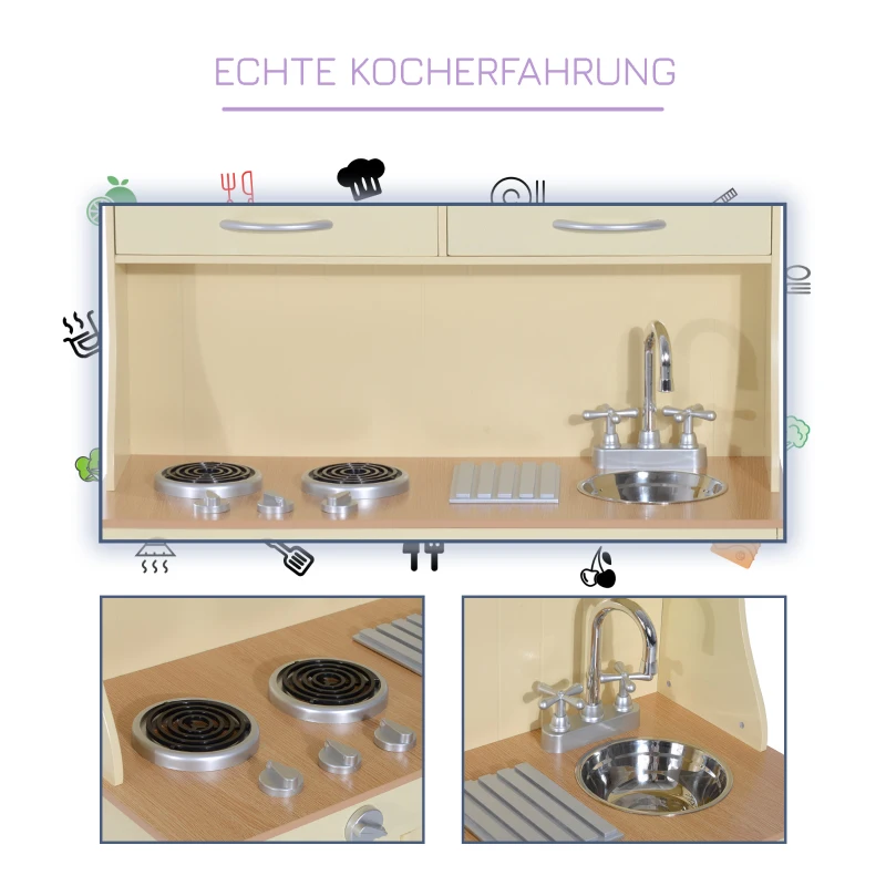 HOMCOM Holz Kinderküche Spielküche Spielzeugküche Kinderspielküche Spielzeug mit/ohne Zubehör/Fenster (Modell1/ natur)