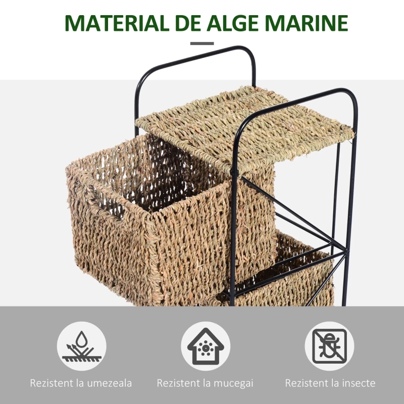 HOMCOM Mobilier cu 4 Coșuri pentru Casă din Alge marine și Fier, 20x20x78cm Negru și culoare naturală