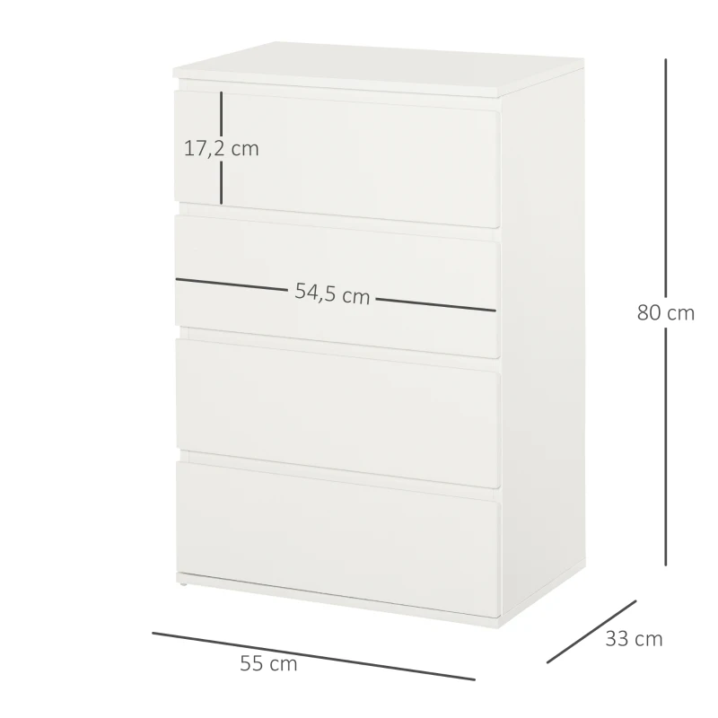 HOMCOM Schubladenschrank Büroschrank Kommoden Sideboard mit 4 Schubladen, abnehmbar, Grifflose, kugelgelagerte Führungen mit kippsicheren Zuglaschen, weiß, E1 Spanplatte, 55x33x80 cm