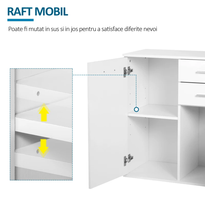 HOMCOM Mobilier Comoda 2 Sertare 2 Usi cu Raft Reglabil din Lemn, Alb Lucios, 71x35x76cm