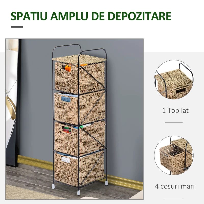 HOMCOM Mobilier cu 4 Coșuri pentru Casă din Alge marine și Fier, 20x20x78cm Negru și culoare naturală