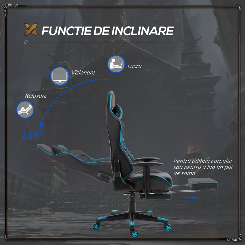 Vinsetto Scaun de Gaming Ergonomic Rotativ cu Suport pentru Picioare Detasabil Negru si Albastru