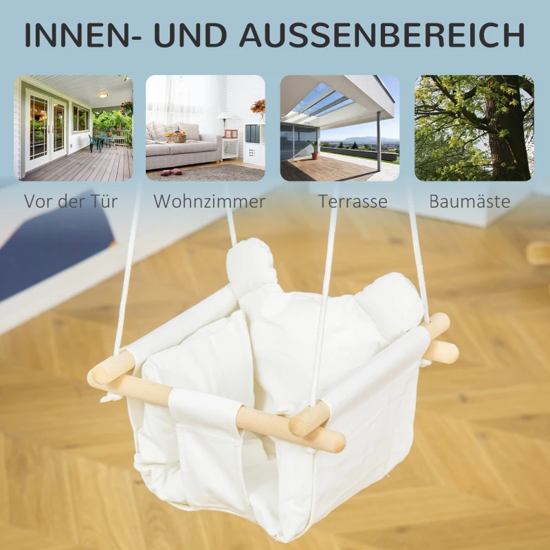 Outsunny Babyschaukel, Stoffschaukel, mit Sitzkissen, längenverstellbare Seile, Baumwolle, cremeweiß, 40 x 40 x 180cm